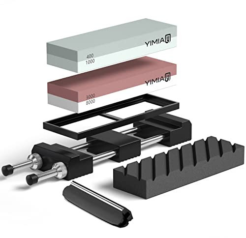 Abziehstein Schleifstein Set für Messer, YIMIAY 2-in-1 Wetzstein Körnung 400/1000 3000/8000 mit Rutschfestem Silikonhalter, Edelstahl Halterung, Läppstein und Winkelführung