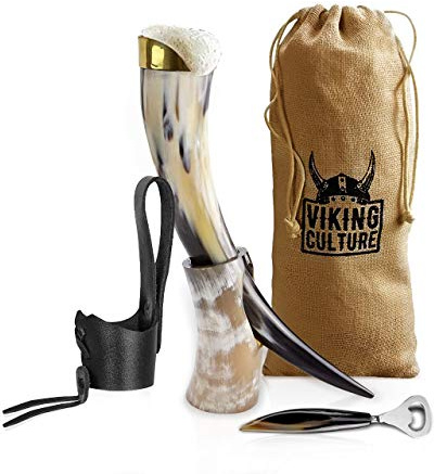 Viking Culture 16 Oz. Viking Drinking Horn with Beer Opener, Stand, Genuine Leather Belt Holster and Vintage Burlap Bag, Polished Finished with Authentic Medieval Norse Style