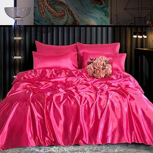 ROOEE Satinsilke komplett bäddset – 6 st – dra-på-lakan, påslakan, 4 örngott. Färg – fuchsia rosa storlek – kung