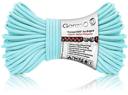 Ganzoo Paracord 550 Seil Babyblue 4 mm Typ 3, 30 m Hybrid aus Nylon-Polyester, 32-Litzen Mantel, 7 Innenstränge, ca. 250 kg Bruchlast, Flechtschnur zum Knüpfen von Armband Hundeleine Halsband Outdoor