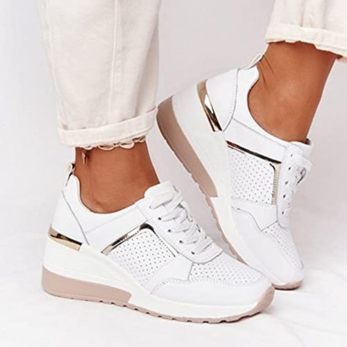 Yagerty Chaussures de Marche pour Femmes Talon compensé à Semelles épaisses Maille Respirante Tennis Baskets décontractées Mousse à mémoire Baskets de Course légères, Blanc, 38 EU