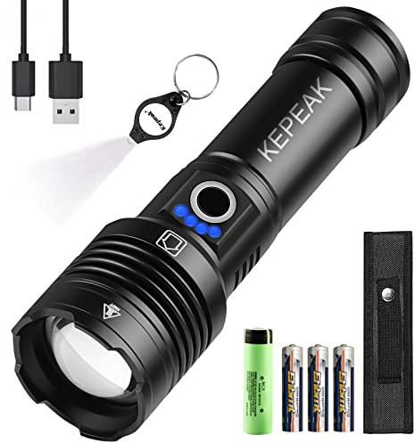 KEPEAK 5000 Lumen Led Taschenlampe Koffer-Set Ideal für Outdoor Camping, Extrem Hell Taschenlampe Led Aufladbar mit 3200mAh Batteriebetrieben + Klein Schlüsselbund Licht + Holster + 3* AAA Einmal Akku