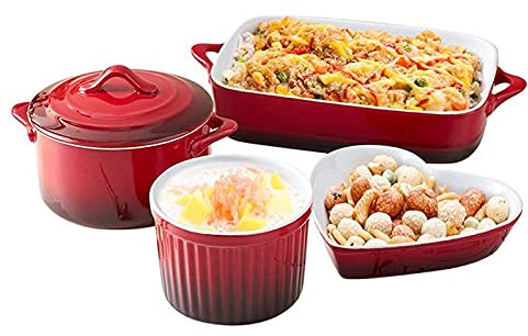 LUCBEI Lasagnera Set di bakeware in Ceramica Rossa, Ceramica in Ceramica a 4 Pezzi Casseruola in Ceramica Lasagna Pans Casseruola Piatto Casseruola for Cucinare, Torta Cena, Cucina Teglie da Forno