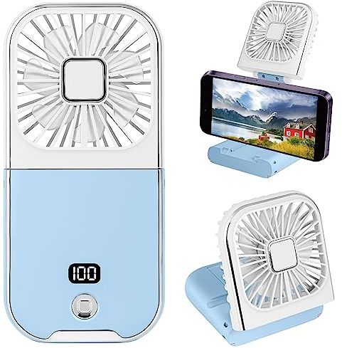 Folding Handheld Fan with LED Display, Mini Portable Personal Fan USB Rechargeable Power Bank Fan Neck Fan, Battery Powered 180° Foldable Desk Fans Cooling for Office Home Travel Camping (Blue)