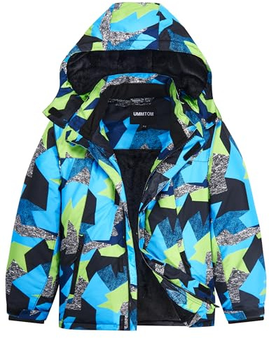 UMMTOM Boys Waterproof Ski Jacket Warm Winter Fleece Snow Coat Kids Outdoor Hooded Snowboard Jacket (Blue Geometry,4-5)