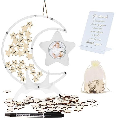 mumisuto Gästebuch Babyparty Mond Holz, Gästebuch Taufe Wedding Decoration Babyparty Deko Mädchen, Personalisiert Hochzeitsdeko Kreative Geschenk für Hochzeit