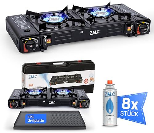 Z.M.C ZMC Réchaud à gaz de camping à 2 feux avec adaptateur pour raccordement GPL + plaque de cuisson 45 x 24 cm + 8 cartouches de gaz de 227 g, réchaud de camping avec allumage piézoélectrique