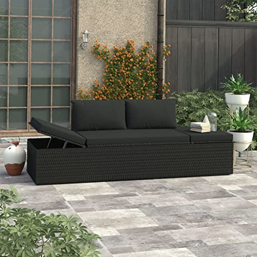 Camerina Sonnenliege mit Auflage Rattan Schwarz Gartenliege Gartenlounge Gartenliege Wetterfest Garten Lounge Balkon Sofa Sonnenliege