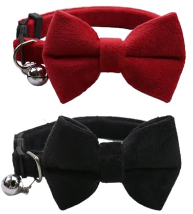 LEEQ Collare Gatto Regolabile - 2pcs Collare per Gatti in Velluto con Campana e Papillon, Regolabile Separati, Gattino Piccolo Cucciolo di Sicurezza Papillon Solido Colore di Base