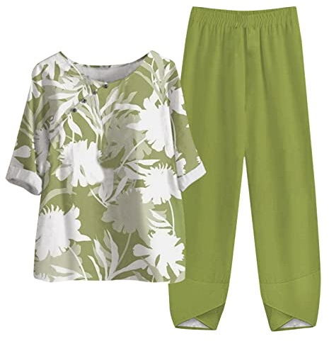 MJGkhiy Tuta Donna Elegante Estiva Curvy Due Pezzi Set Girocollo T-Shirt E Pantaloni Lunghi Taglie Forti Gamba Larga Manica Corta Tute Da Ginnastica Completo Donna Elegante Cerimonia Da Casa