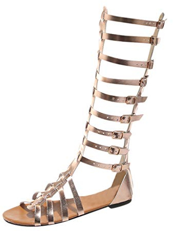 Sandales de gladiateur pour femme - Style romain - Boucle multi-sangles - Style romain rétro - Bout ouvert - Bottes plates en cuir - Pour femme - Découpes - Chaussures d'été décontractées à lanières -