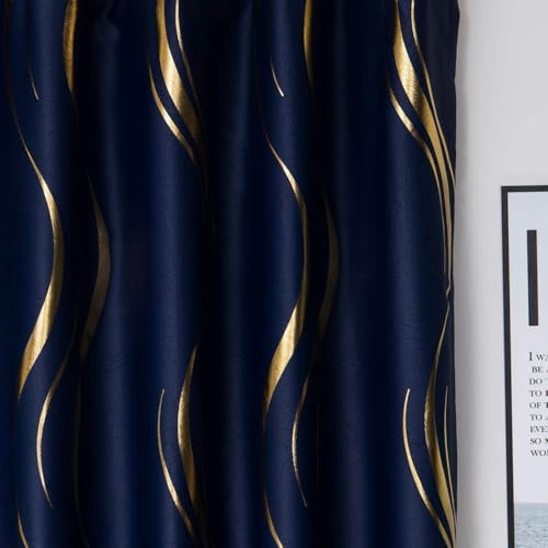 MYRU 1 Pair Pencil Pleat Luxury Striped Blackout Curtains for Bedroom Living Room (Navy and Gold,66x84 Inch)