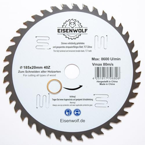 Eisenwolf Lama per sega circolare 185 x 20 mm, completamente temprata e tesa, durevole e resistente, per legno con 40 denti TCT inclinati e tagli laser per ridurre il rumore
