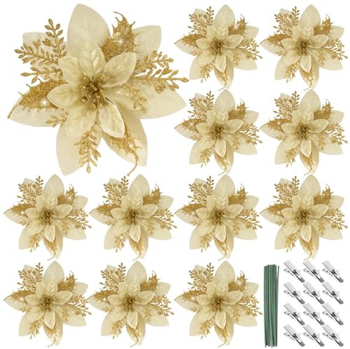 BOFUNX 12 Stück Glitzer Weihnachtsstern Blumen Weihnachtsblumen mit 12pcs Kunststoff Rhizomen 12pcs Clips Künstlich Glitter Weihnachtsbaum Blumen für Weihnachtsbaum Neujahr Dekorationen 15cm