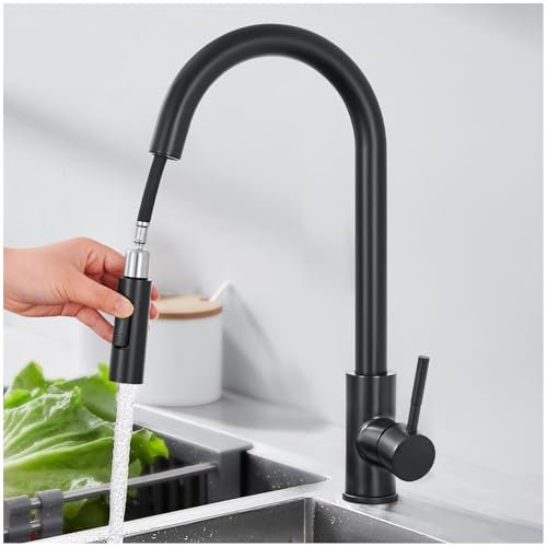 MIDINGCHAI Robinet Cuisine Douchette, Mitigeur Cuisine avec Rotatif à 360°, Flexible avec 2 Modes de Pulvérisation, Col de Cygne Robinet Noir, Acier Inoxydable
