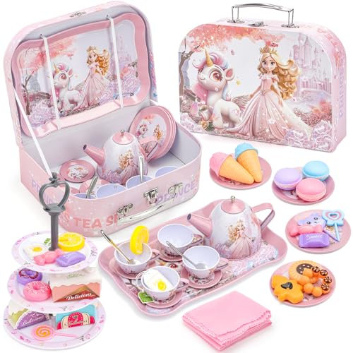 deAO Service de Thé pour Enfants 46PCS, Boîte à Jouets Portative, Sets de Thé pour Jouets, Set de Thé en Étain Boîte Portative avec Jouets de Dessert pour Cadeau, Jouets Filles de 3 Ans+(Licorne Rose)