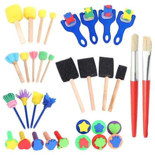 KASURE 35 Stücke Schwamm Malerei Pinsel Set, Malwerkzeuge Malschwämmchen Stempel Pinsel Set, Zeichnung Werkzeuge Schwamm Farbe Pinsel Kits