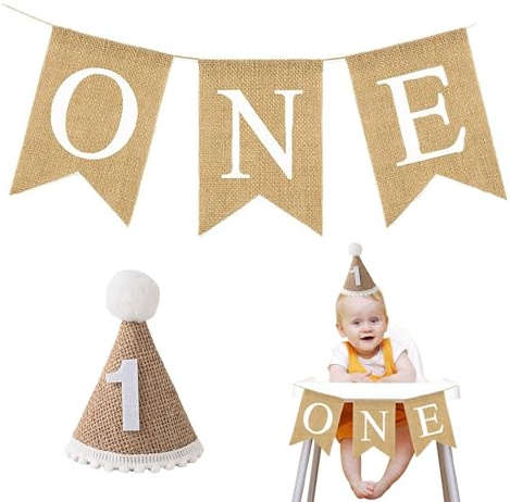 1st Birthday Party Decoration Set - Banner and Hat for Girls & Boys - Baby's First Birthday Celebration