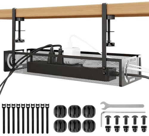 Under Desk Cable Management Tray, 15.4‘’ No Drill Cable Management Mesh Wire Organizer Side Opening Design for Home, Office, Internet Cafe, Kitchen, Black