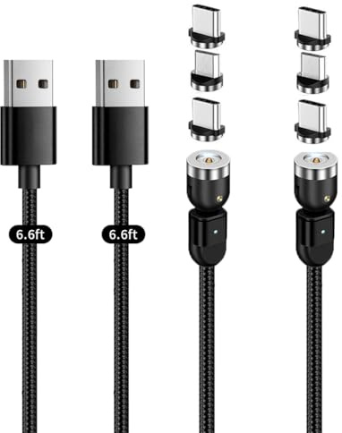 Magnetic Charging Cable [2-Pack 6.6ft*2 ] 3 in 1 Magnet Phone Charger Cable 360°&180° Rotating USB Cable with LED Light Magnetic Charger Cable for Micro USB Type C Phone Nylon-Braided Cords Black