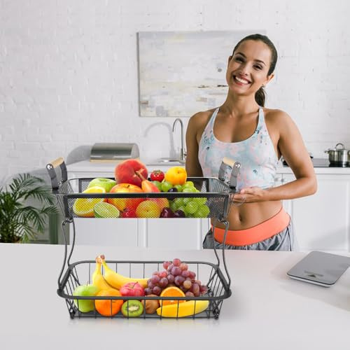 HUOLE Corbeille à Fruits et légumes pour comptoir de Cuisine, Panier de Rangement en Fil métallique Support de Fruits pour Pain collations, avec 2 cintres en forme de banane--37*22*33cm --Noir