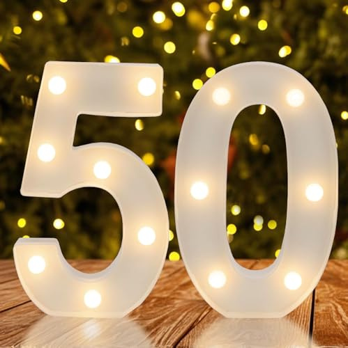 Warm White LED Light Up Number 50, 50th Birthday Decor for Her Him,Table Centerpieces & Backdrop Wall Décor,Lighted Marquee Sign for 50th Wedding Anniversary Décor