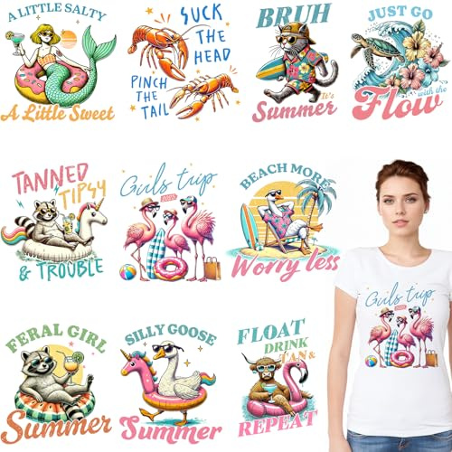 10 PCS Animals Beach Iron on Transfers for Tshirts, Summer Dtf Transfers Ready to Press, Dtf Transfers for T Shirts Heat Press, Canvas Bag, Pillow, Hoodie DIY Crafts