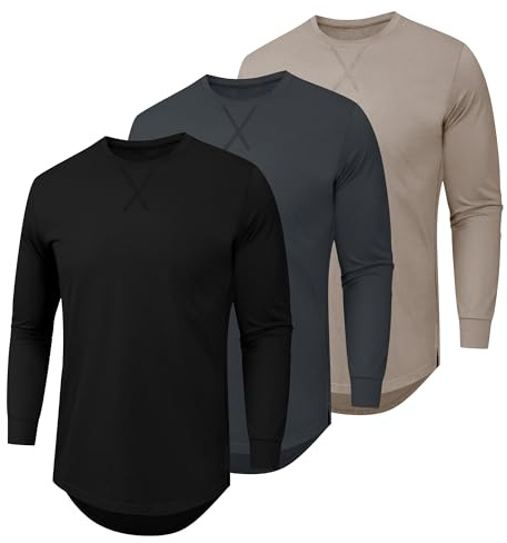 Mens 3 Pack Plain T Shirts Crew Neck Long Sleeve Cotton Casual Tee Shirts Hipster Hip Hop Longline Droptail Shirt(BKDGKA M)