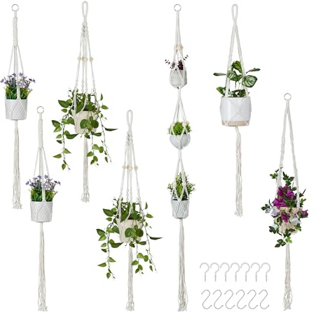 Relaxdays Colgadores Macetas Macramé, Set de 7, Cuelga Plantas, Estilo Boho, Distintos Tamaños, Interior, Algodón, Crema, 155 cm
