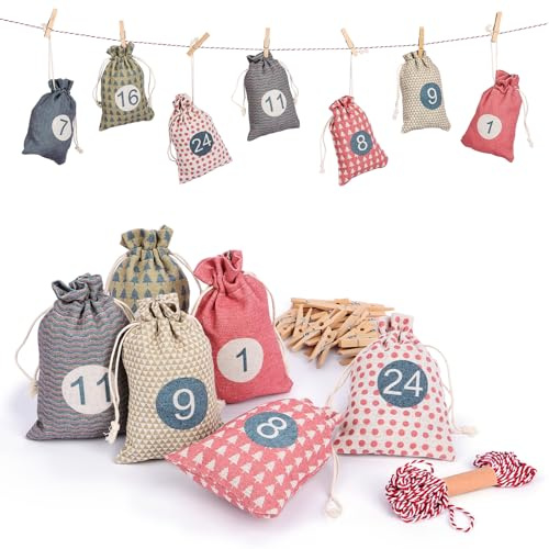 Adventskalender Zum Befüllen, 24 Pack Adventskalender Säckchen, für Socken,Süßigkeiten,Grußkarten,Schokolade,Kerzen,Weihnachtsmann,Lippenstift