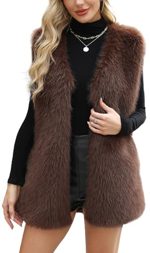 Adigau Elegante Gilet da Donna in Pelliccia Sintetica Casual Giacca Senza Maniche con Tasche Termico Smanicato Donna Gilet Primavera Autunno Inverno Marrone XL