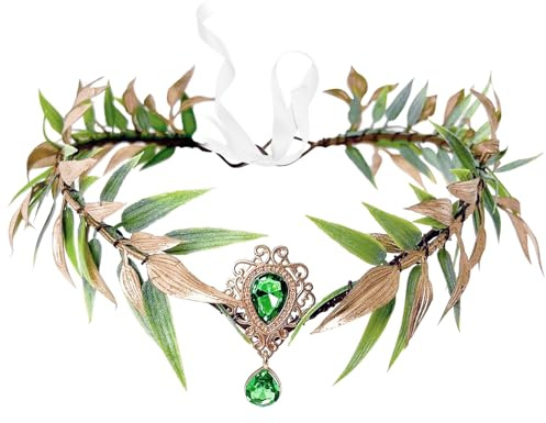 Augesak Elfenkrone Waldfeen Blätter Kopfschmuck - Handgefertigt Elfen Kopfschmuck Mit Diamanten,für Elfen Kostüm Damen Mädchen,Waldfee Accessoires,Karneval Cosplay Grün Gold