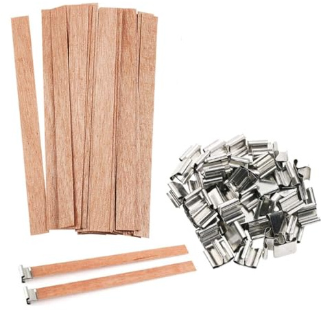 YAZWUR 30 PCS Mechas de Madera con 30 Soportes de Hierro Sin Humo Naturales y Ecológicas para Hacer Velas Artesanales DIY
