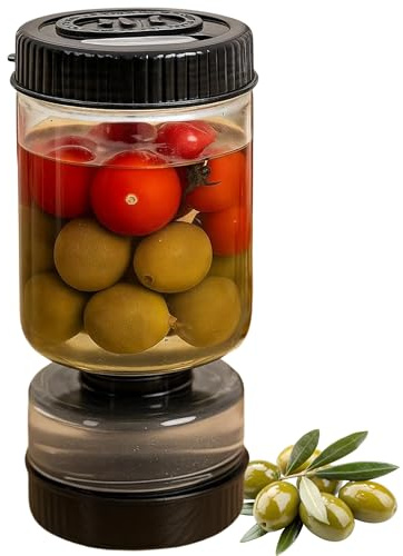 Solty – Bote para aceitunas con escurridor 1L | Tarro separador líquido para encurtidos | Recipiente para Aceitunas, Pepinillos, Jalapeños y Limones | Escurridor de encurtidos sin BPA