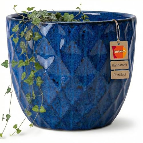 Teramico Pflanzgefäß Keramik frostfest (Royal Blau Diamant, 29cm x 23cm) | Runder Premium Blumentopf in echter Handarbeit. In vielen Größen & Farben ideal für Garten und Balkon kombinierbar.
