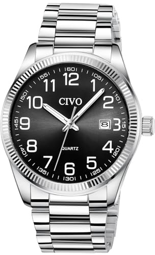 CIVO Reloj Hombre Fácil de Leer: Acero Inoxidable Plateado Analógico Esfera Grande Negro Impermeable - Regalo para Personas Mayores con Discapacidad Visual