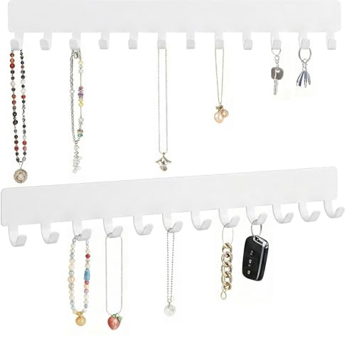 2 Pack Wall Mounted Necklace Holder, Adhesive Non-Drill Necklace Hanger, Metal Jewellery Organizer Hooks for Door Wall Storage, White