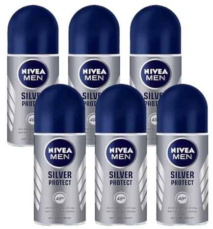 NIVEA MEN Silver Protect Anti-Perspirant Roll-On Deodorant 50ml – 48-Hour Protection with Anti-Bacterial Silver Ions, Quick-Drying Formula, Alcohol-Free, Pack of 6
