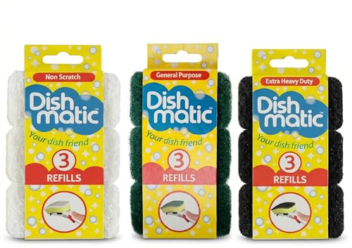 Dishmatic Refills Sponge 9 Pack Mixed Replacement Sponge Heads 3 Non Scratch 3 General Purpose & 3 Heavy Duty Scourers for Dishes Pots Pans Kitchen & Bathroom