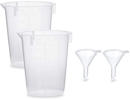 2 vaso medidor de 150 ml + 2 mini embudo para envasar y trasvasar líquidos (2 juego)