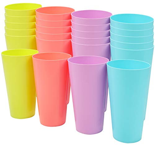 BELLE VOUS 24 Pack Coloured Plastic Cups - 600ml/20 fl oz - Reusable Drinking Tumblers in 4 Colours - Hard Plastic Drinkware for Parties, Camping, BBQs, Picnics & Beach - Dishwasher Safe & BPA Free