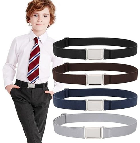 WERFORU 4 Stück Kinder Verstellbarer Magnetgürtel Jungen Mädchen Elastischer Gürtel mit Einfacher Magnetschnalle Schwarz/Kaffee/Blau/Grau