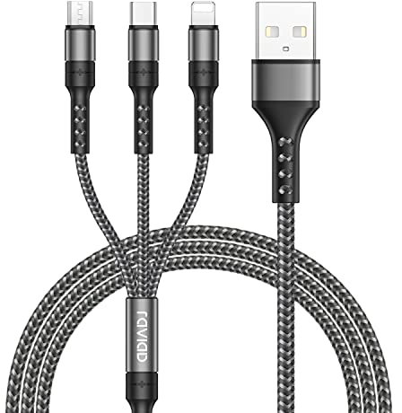 RAVIAD Multi USB Kabel, Universal Ladekabel [1.2M] Nylon Multi USB Ladekabel 3 in 1 mit Micro USB Typ C Lightning Kabel für iPhone 16 15 14 Pro Max, Galaxy S25 S24 S23, Huawei, Pixel, PS5-Grau