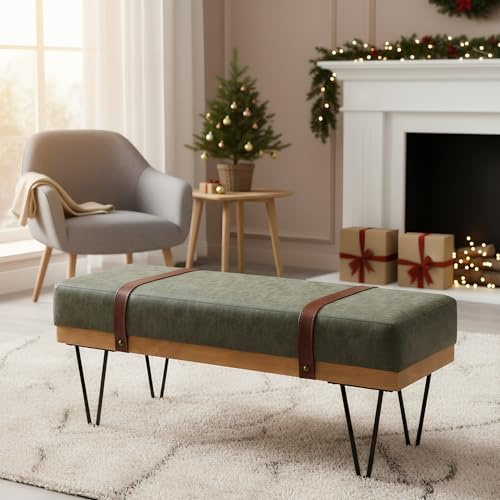 DUOMAY Industrial Modern PU Rectangle Ottoman Bench with PU Strap and Metal Legs, Mid Century Dining Table Bench Footstool Entryway Shoe Bench for Bedroom Dining Room Living Room, Green