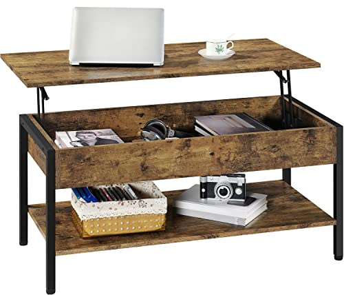 Yaheetech Mesa de Centro Elevable Mesa de Café con Revistero Mesa Baja de Industrial para Sofa Salon 104,5x49,5X(47-62) cm Marrón