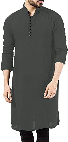 YAOHUOLE Mens Ethnic Kaftan Moroccan Thobe Cotton Linen Kurta for Men Long Sleeve Islamic Robes Dark Gray XL