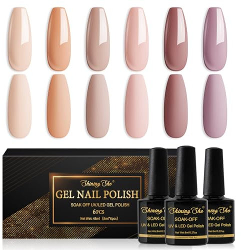 Shining She Gel Nail Polishes Set, Nude Nail Polish, 6 Colours Nude Pink Champagne Purple Pastel Gel Polish Set Soak-Off UV/LED Nail Polish Gel for Nail Art Salon DIY Home, 8ML