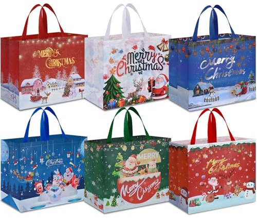 AhfuLife Extra Large Christmas Bags for Gift, 6pcs Xmas Gift Tote Bags with Handles, Reusable Multipack Non-woven Christmas Treat Shopping Bag, Xmas Party Favor Bag Decorations, 40 x 36 x 15cm