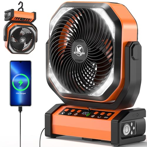 Campingventilator mit Licht, 20000mAh Tischventilator, 112 Stunden max. Laufzeit, 9 Geschwindigkeiten, Timer, automatische Oszillation, 270° Drehung & Haken für Camping, Stromausfall, Hurrikan