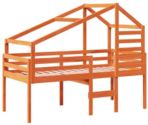 vidaXL Hochbett, Kinderbett mit Dach Leiter Sperrholzlatten, Spielbett für Kinderzimmer, Bett Holzbett Einzelbett, Wachsbraun 90x190cm Massivholz Kiefer